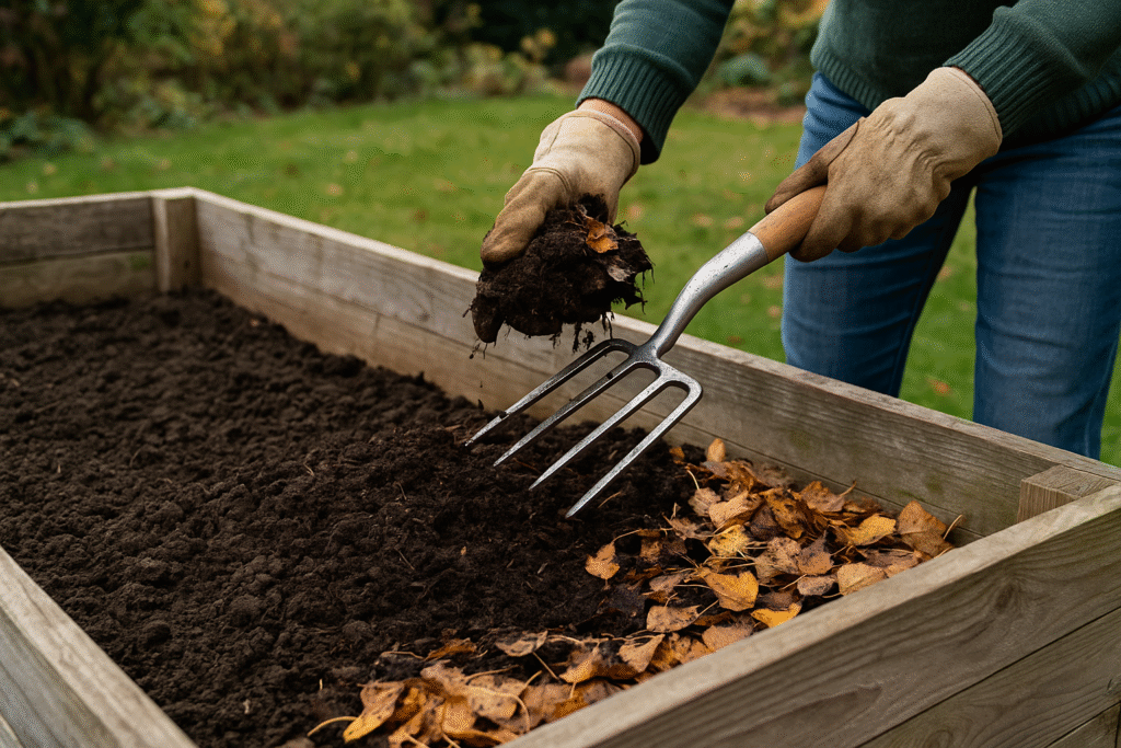 fall soil amendments for clay soil with compost and leaves
