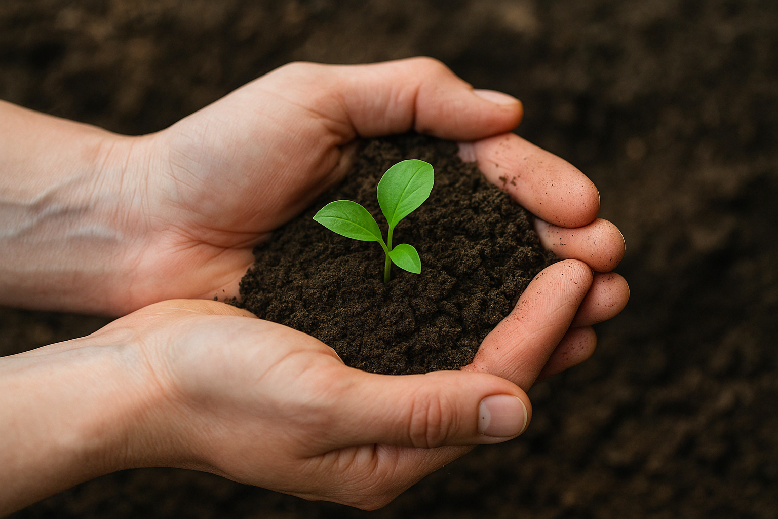 Hands nurturing soil with a green seedling during November gardening tasks in the USA.